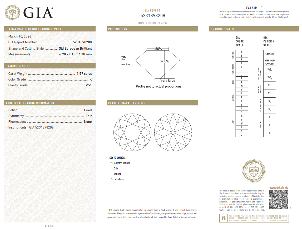 1.57 Ct Old European Cut Diamond Bridal K-VS1 with GIA Certificate