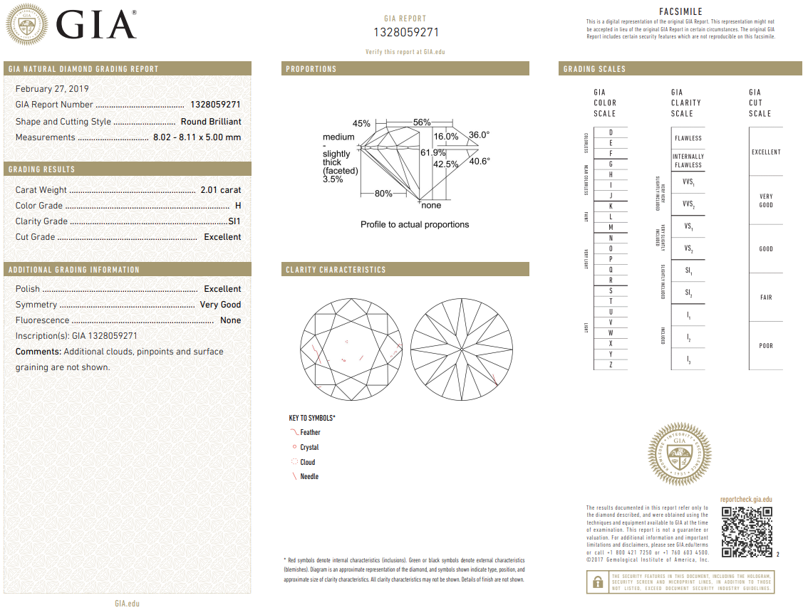 GIA Certified Natural Loose 2.01 Carat Round Brilliant Diamond H-SI1