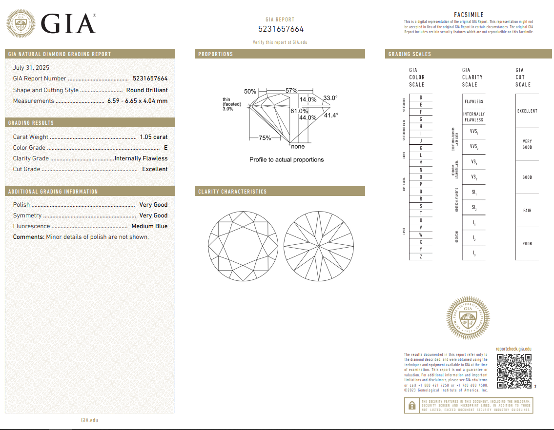 GIA Certified 1.05 Ct Round Brilliant Diamond E-IF Natural Loose