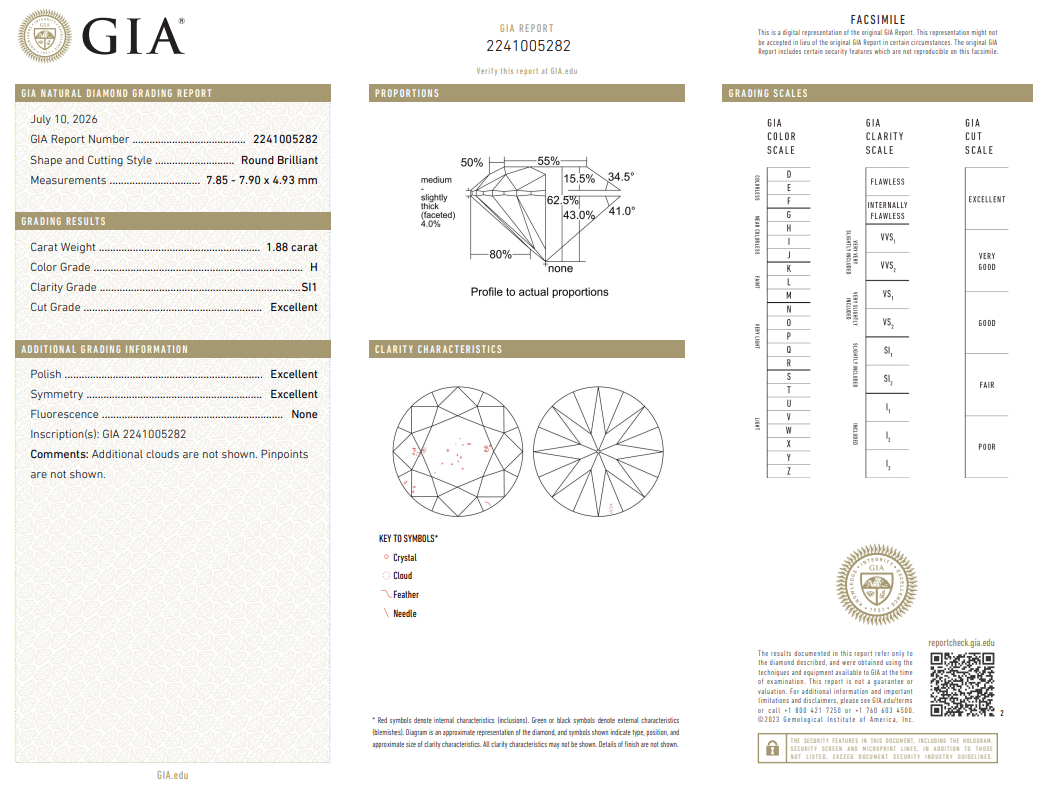 1.88 Ct Round Brilliant Diamond H-SI1 Loose Natural GIA