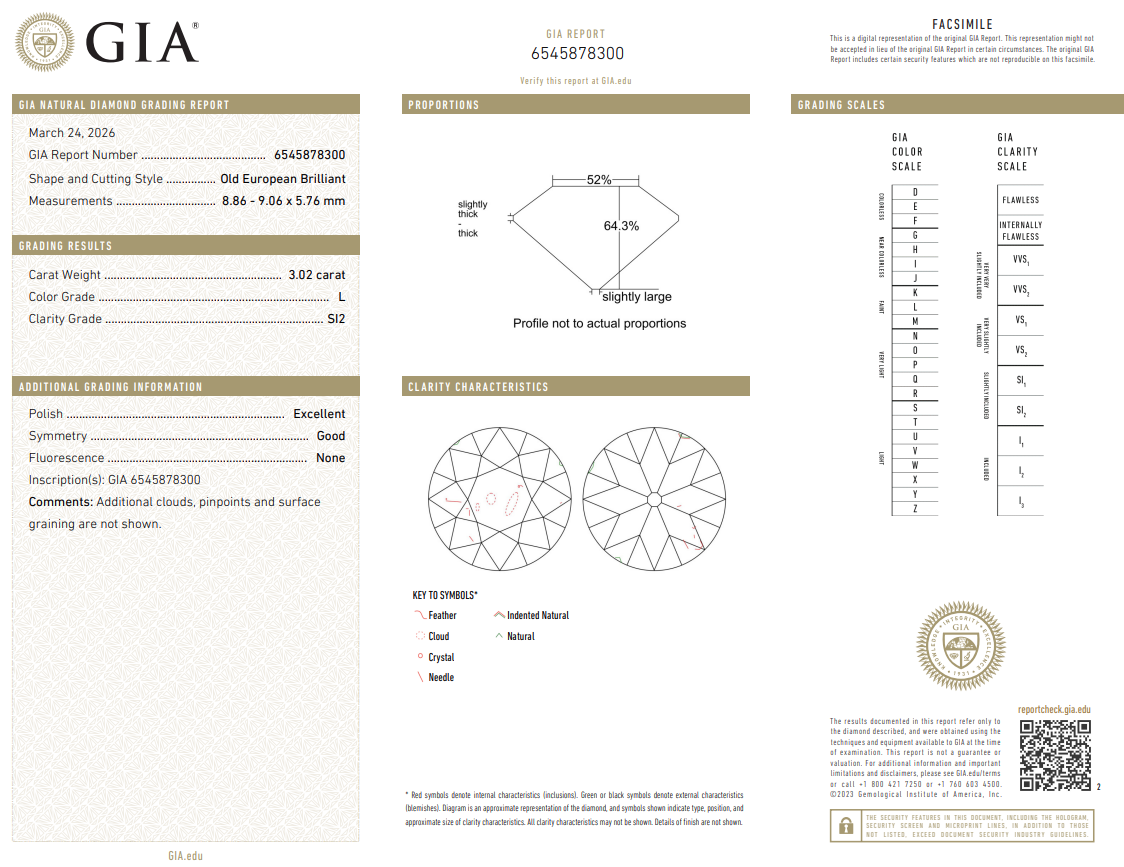3.02 Ct Old European Cut Diamond Natural L-SI2 with GIA Certificate