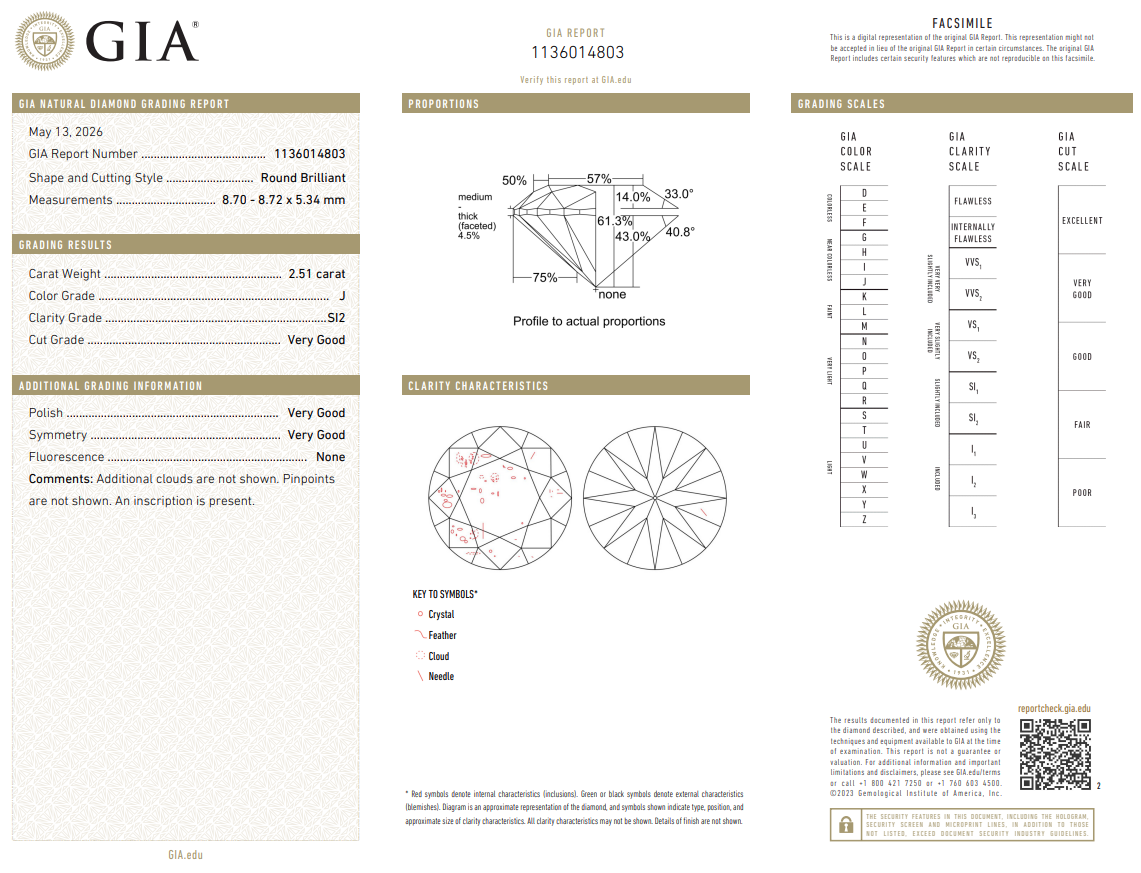 2.51 Carat Round Brilliant Diamond Loose J-SI2 with GIA Certificate