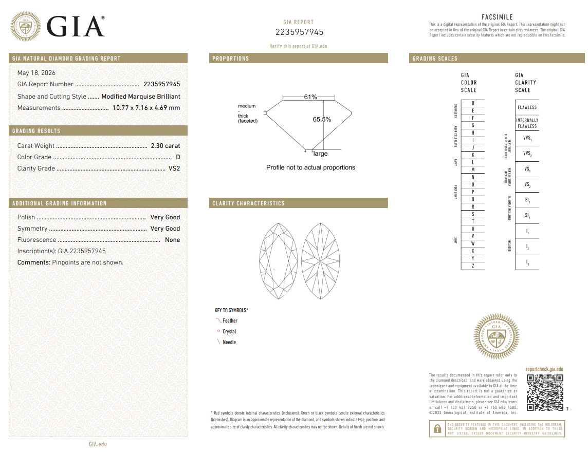 GIA Certified 2.3 Carat Marquis Shape Diamond Natural D-VS2 Premium
