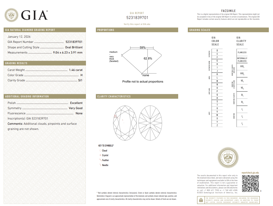 1.46 Carat Oval Shape Natural Mined Diamond H Color SI1 Clarity With GIA Certificate