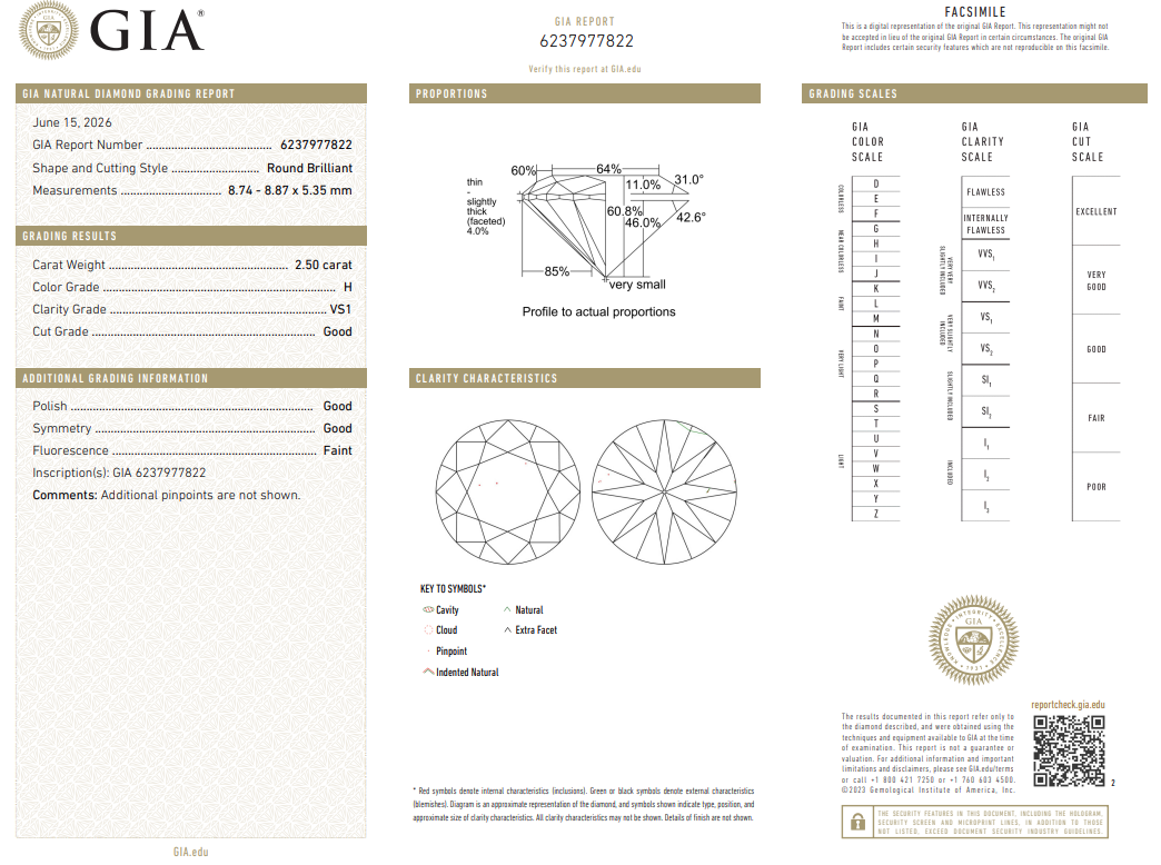 2.5 Ct Round Brilliant Diamond GIA Certified H-VS1 Loose