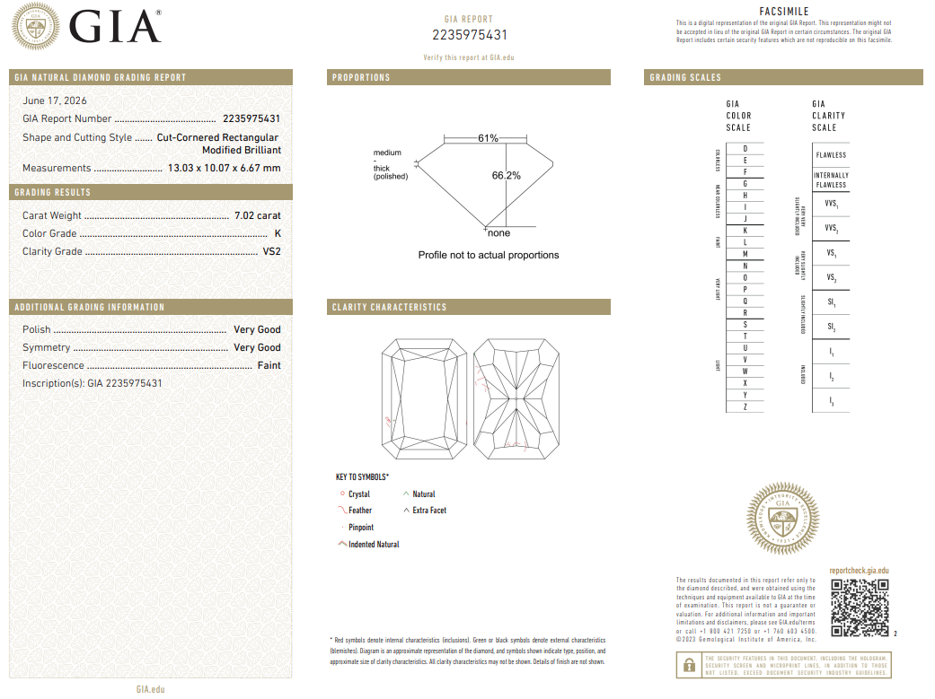 7.02 Ct Radiant Cut Diamond GIA Certified K-VS2 Natural
