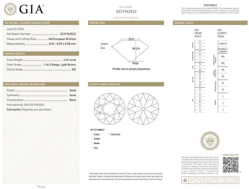 Loose Natural 2.42 Ct Old European Cut Diamond GIA Certified Y-SI2