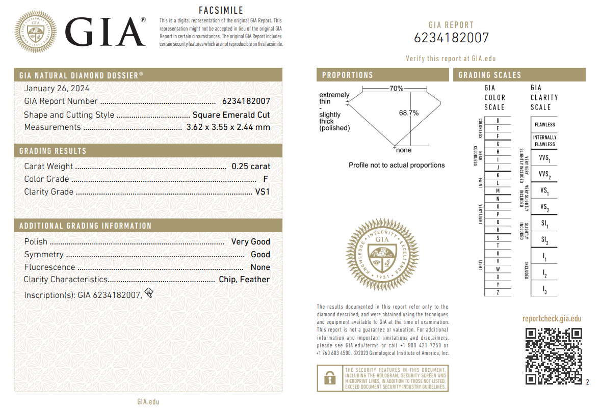 GIA Certified 0.25 Ct Asscher Cut Diamond Natural F-VS1 Loose