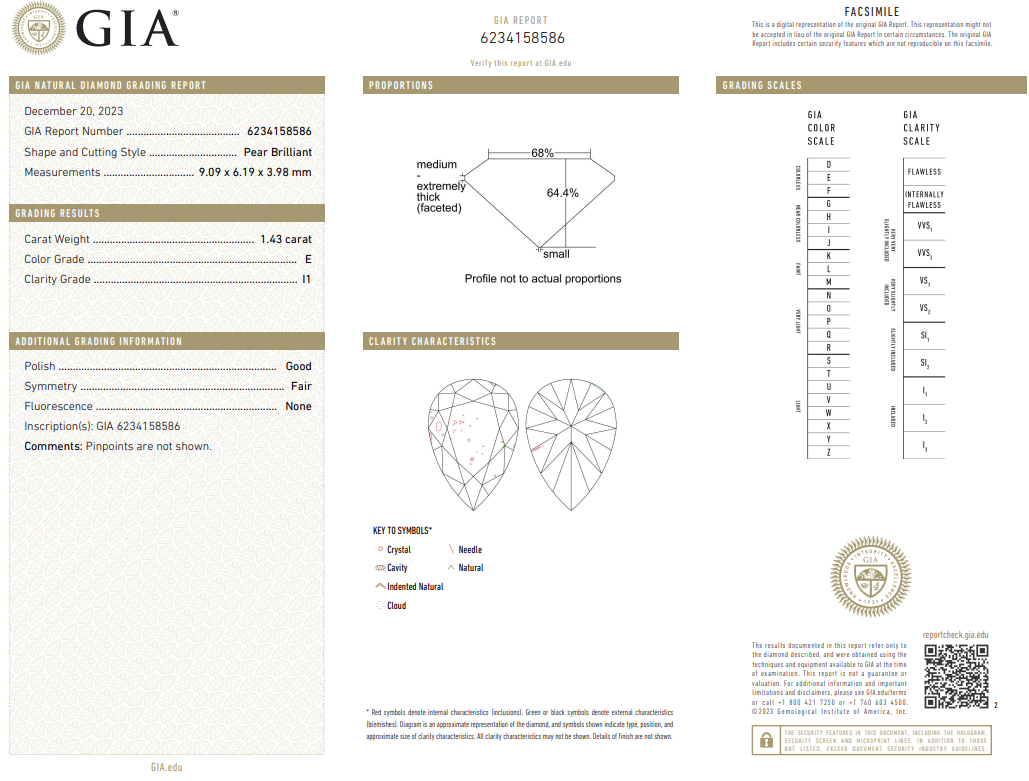 1.43 Carat Pear Shape Diamond E-I1 Loose Natural GIA Certified