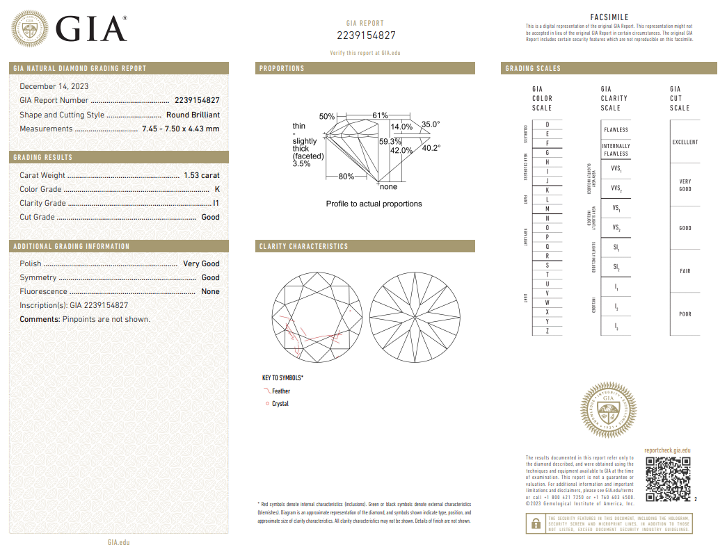 1.53 Ct Round Brilliant Diamond Loose K-I1 with GIA Certificate