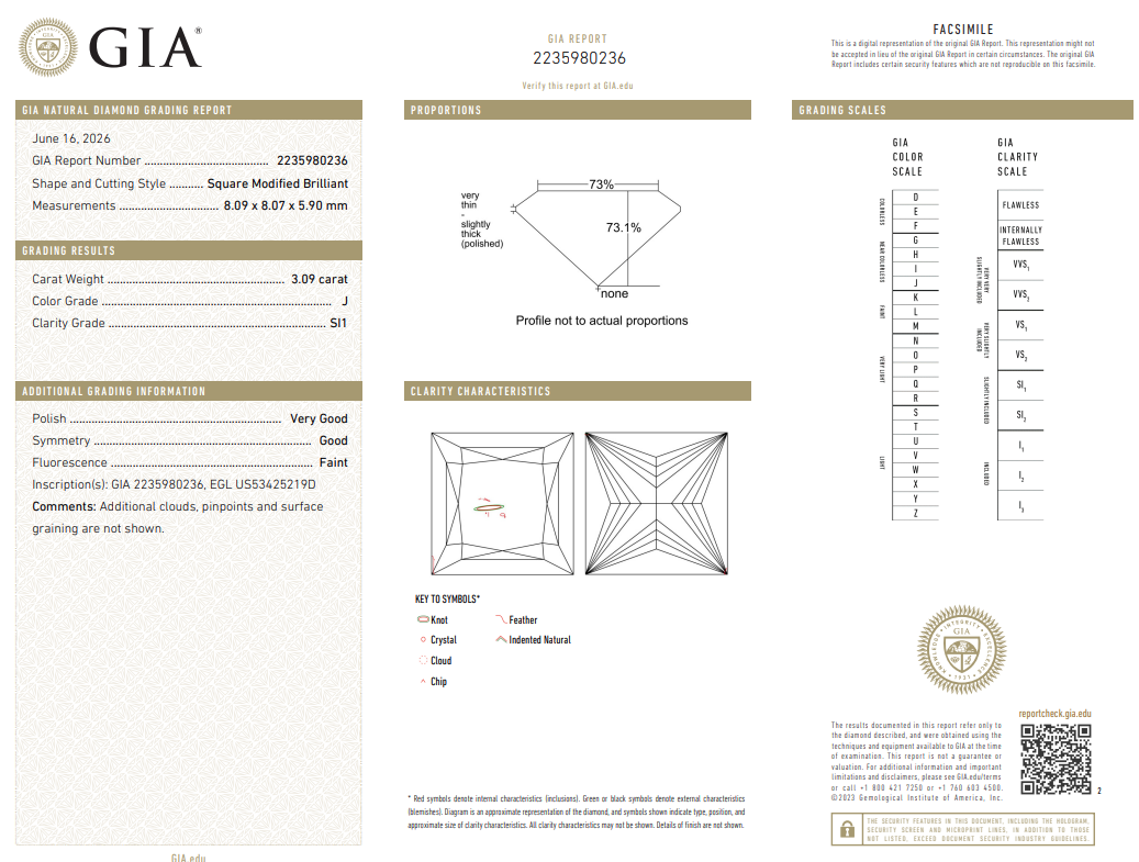 3.09 Carat Princess Cut Diamond Natural J-SI1 Loose GIA Certified