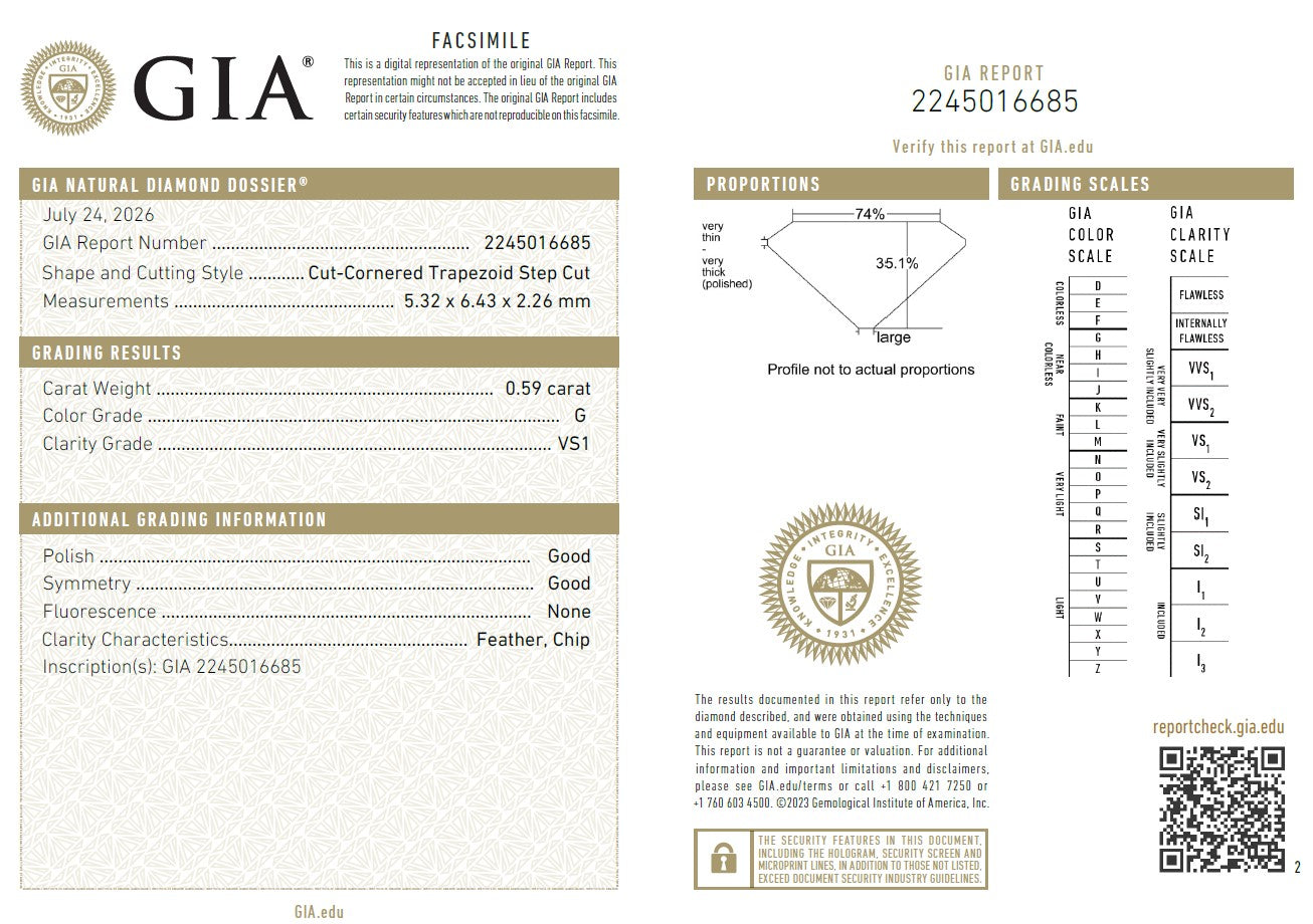 0.59 Ct Trapezoid Shape Diamond Natural G-VS1 with GIA Certificate