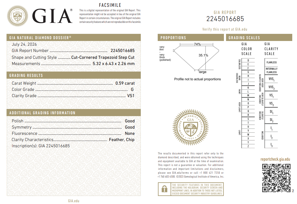 Natural 0.59 Ct Trapezoid Shape Diamond G-VS1 with GIA Certificate
