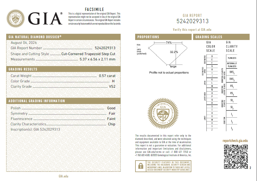 GIA Certified Loose Natural 0.57 Ct Trapezoid Shape Diamond H-VS2