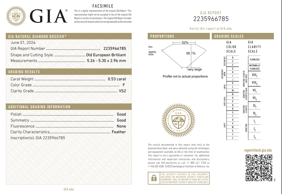 Estate 0.53 Ct Old European Cut Diamond F-VS2 with GIA Certificate