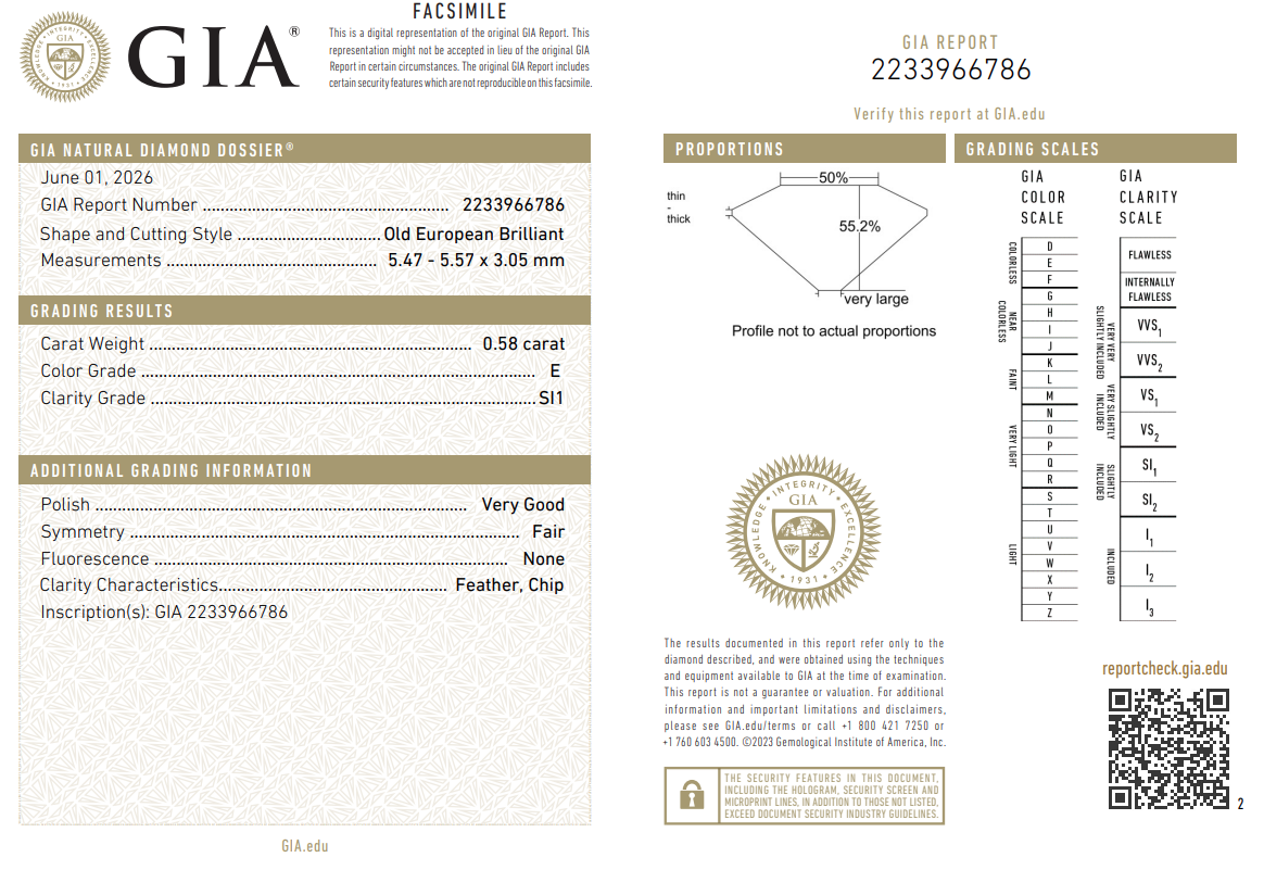 0.58 Carat Old European Cut Diamond GIA Certified E-SI1 Historic Natural
