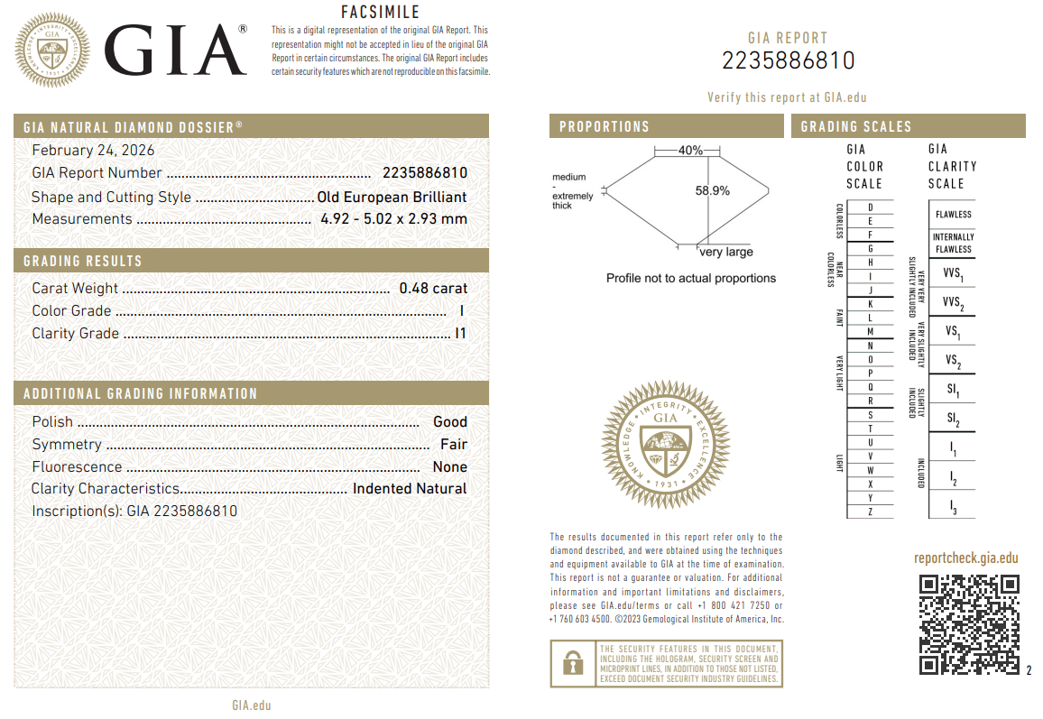 GIA Certified Natural Loose 0.48 Carat Old European Cut Diamond I-I1