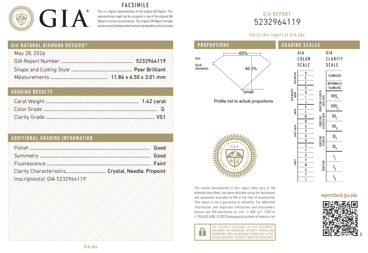 GIA Certified 1.42 Carat Pear Shape Diamond G-VS1 Natural Loose