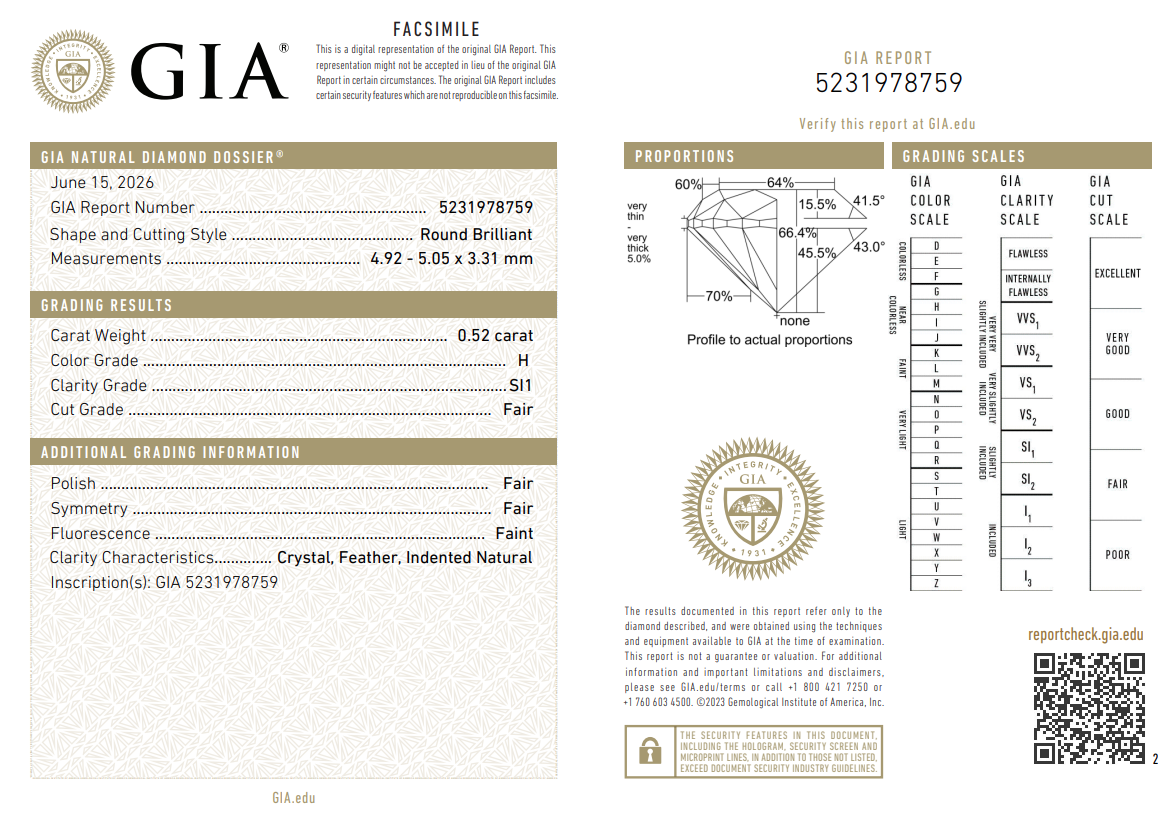 GIA Certified 0.52 Carat Old European Cut Diamond H-SI1 Natural Loose