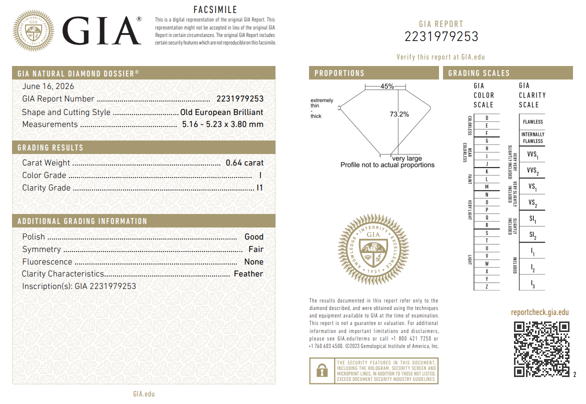 GIA Certified Rare 0.64 Ct Old European Cut Diamond Historic Cut I-I1