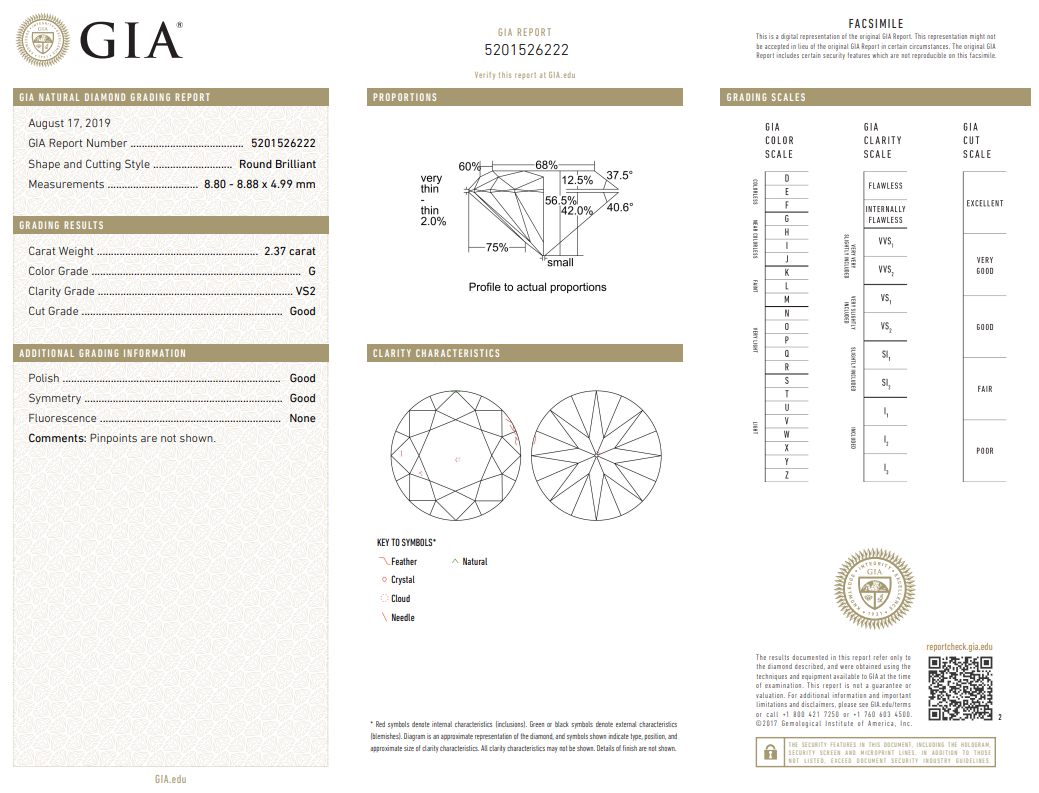 GIA Certified 2.37 Carat Round Brilliant Diamond Loose G-VS2 Natural