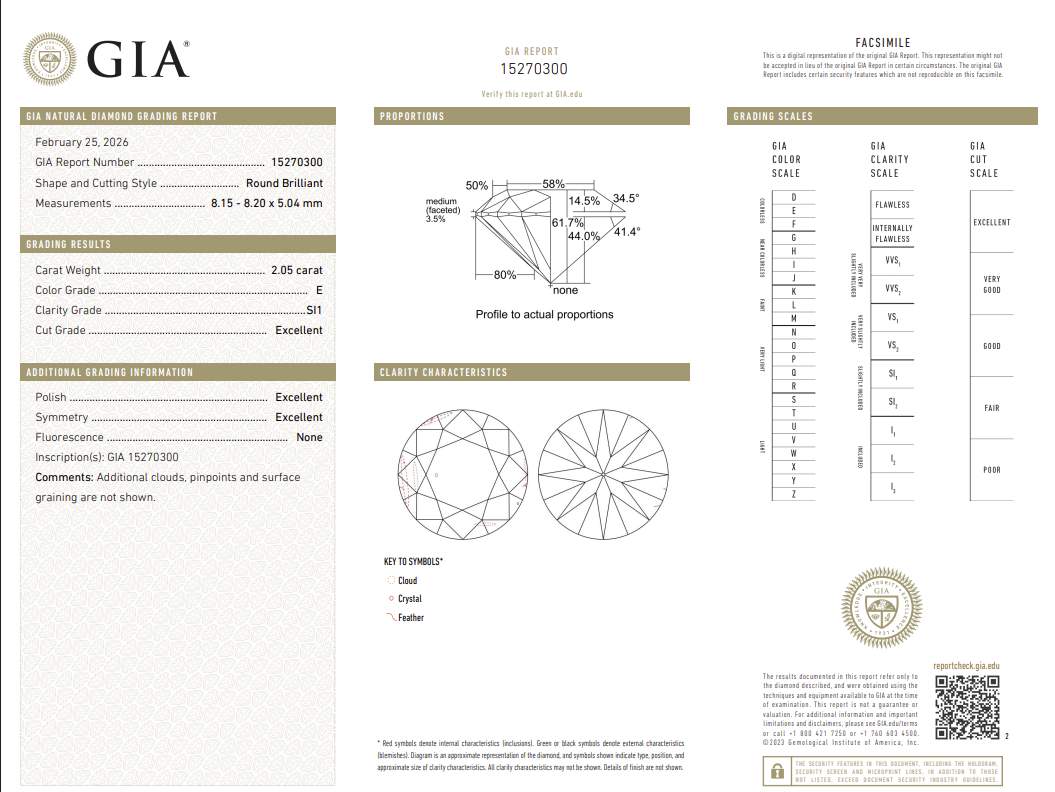 2.05 Carat Round Brilliant Natural Mined Diamond E Color SI1 Clarity With GIA Certificate