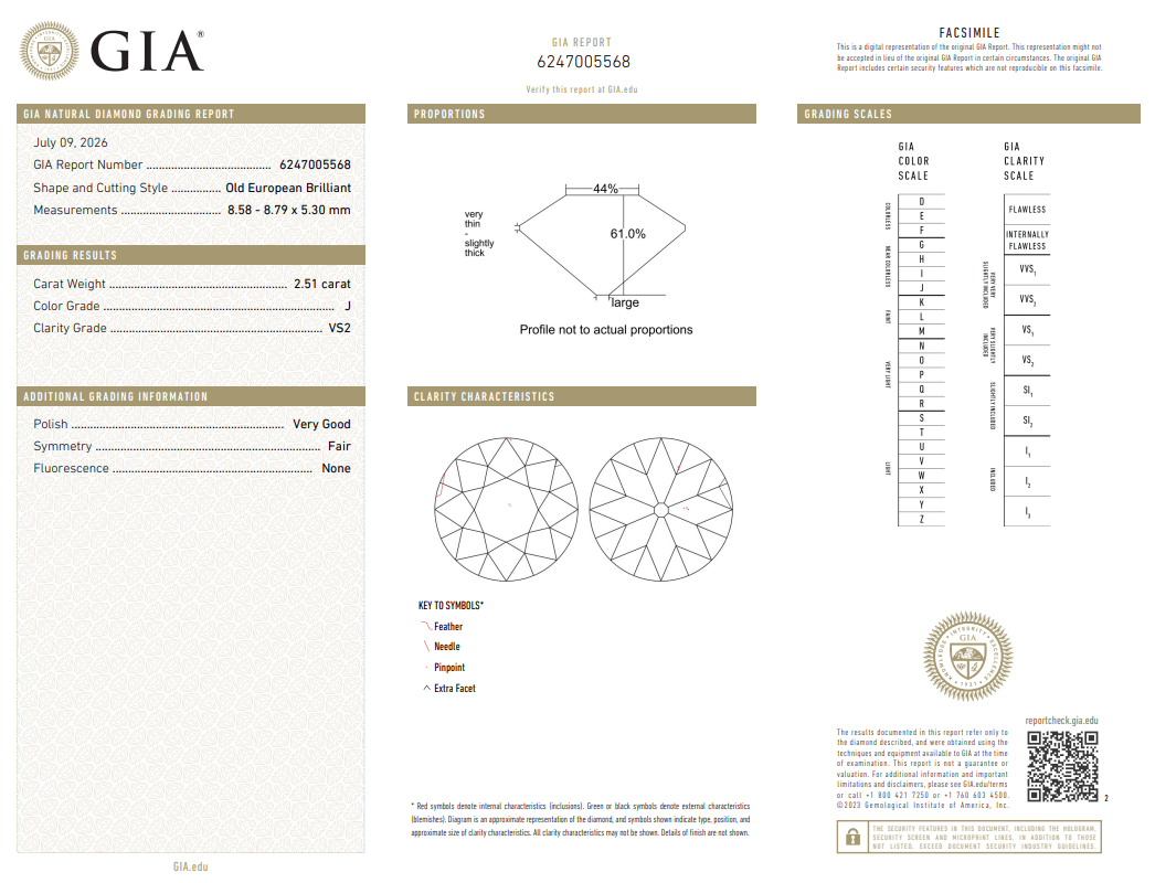 2.51 Carat Old European Cut Diamond GIA Certified J-VS2 Brilliant Natural