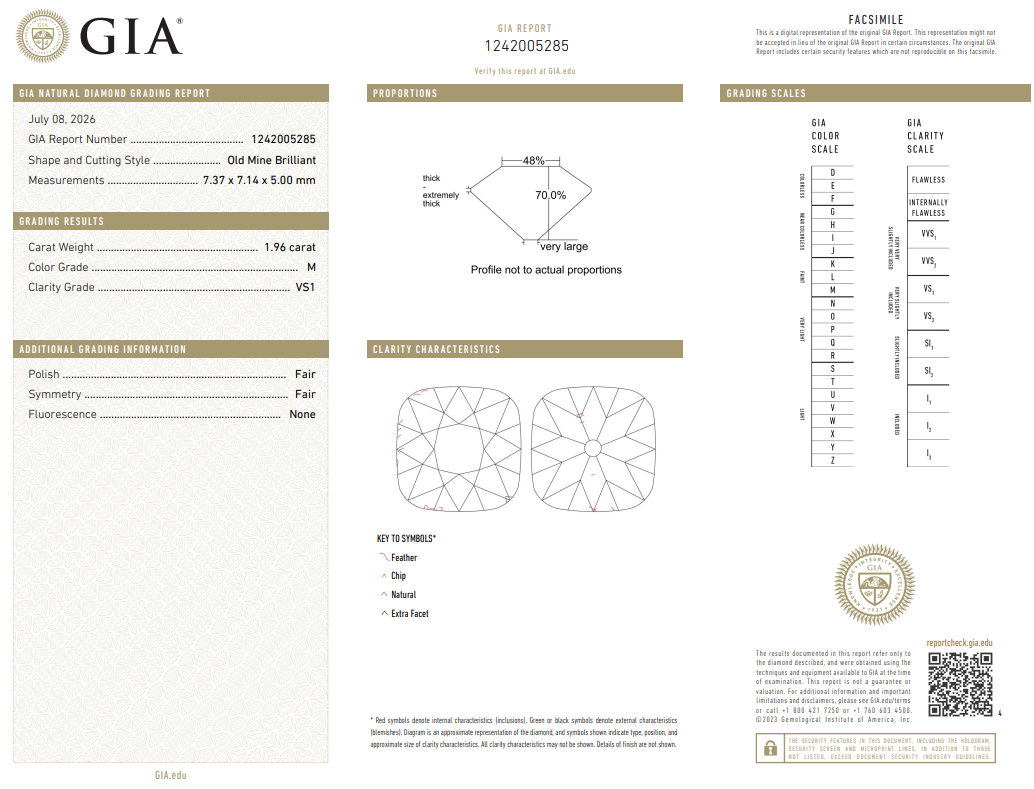 Luminous 1.96 Ct Old Miner Cut Diamond M-VS1 with GIA Certificate