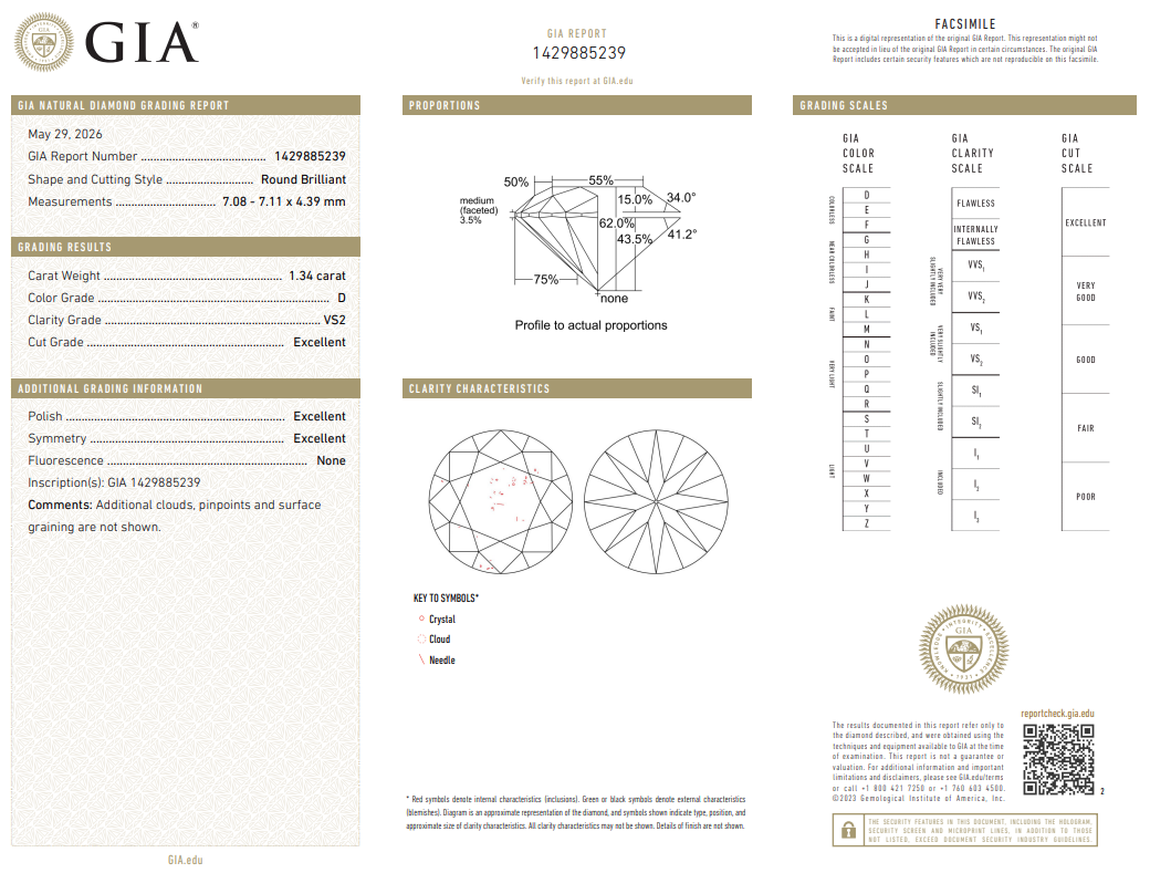1.34 Ct Round Brilliant Diamond GIA Certified D-VS2 Loose