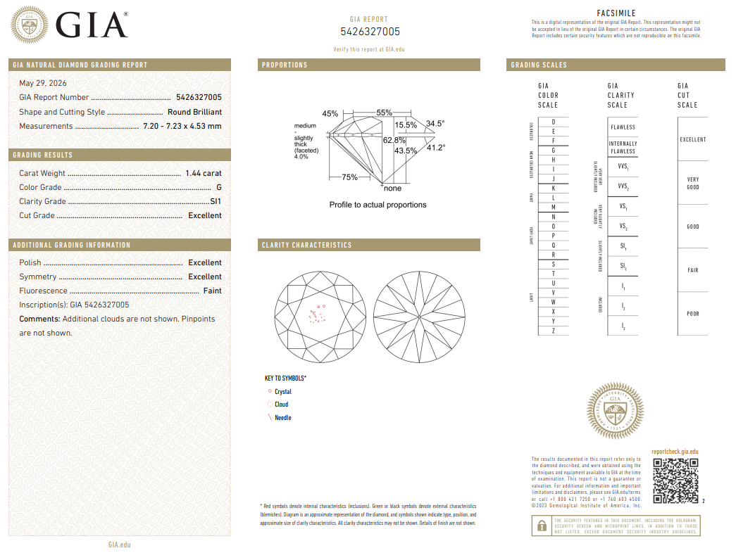 Natural Loose 1.44 Ct Round Brilliant Diamond GIA Certified G-SI1