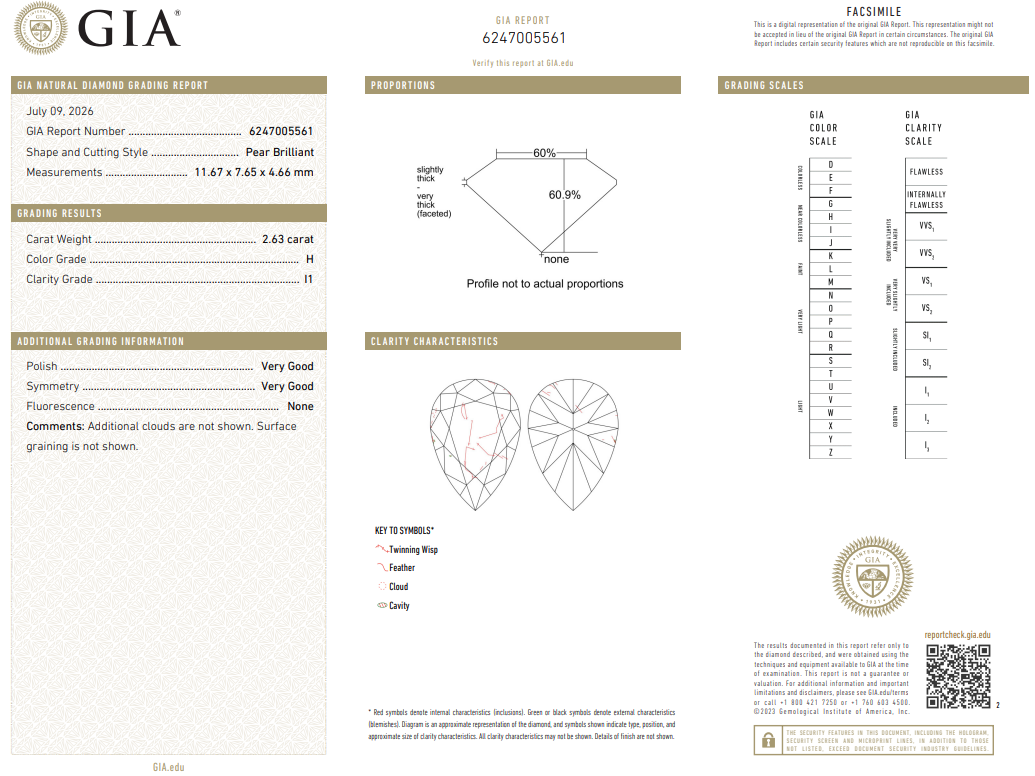 GIA Certified Natural Loose 2.63 Carat Pear Shape Diamond H-I1