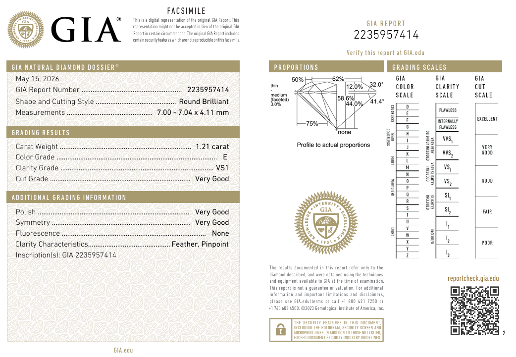 1.21 Carat Round Brilliant Diamond E-VS1 Natural GIA Loose