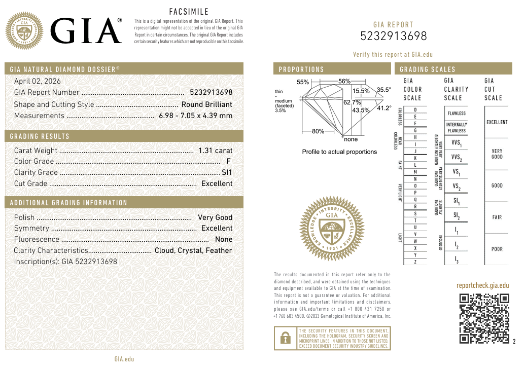 1.31 Carat Round Brilliant Diamond F-SI1 Loose GIA Natural