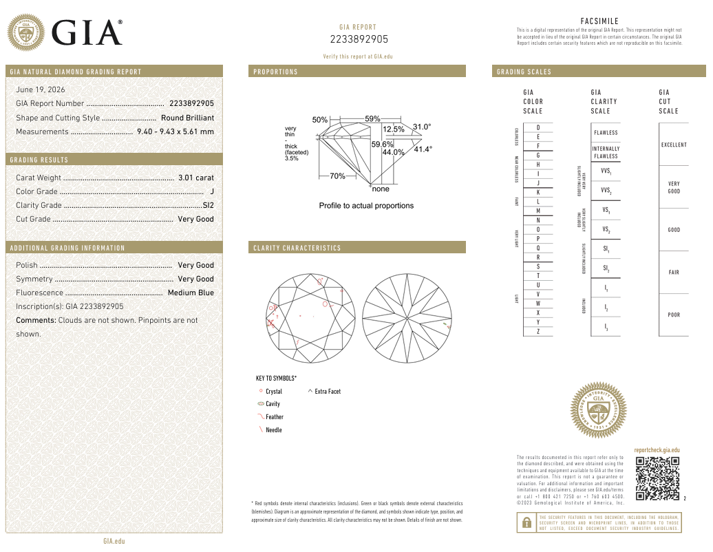 Natural 3.01 Carat Round Brilliant Diamond J-SI2 with GIA Certificate