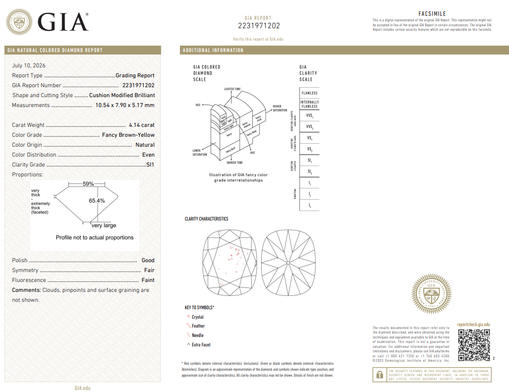 4.14 Ct Cushion Modified Brilliant Cut Diamond Loose Handcrafted FANCY YELLOWISH BROWN-SI1 Natural GIA