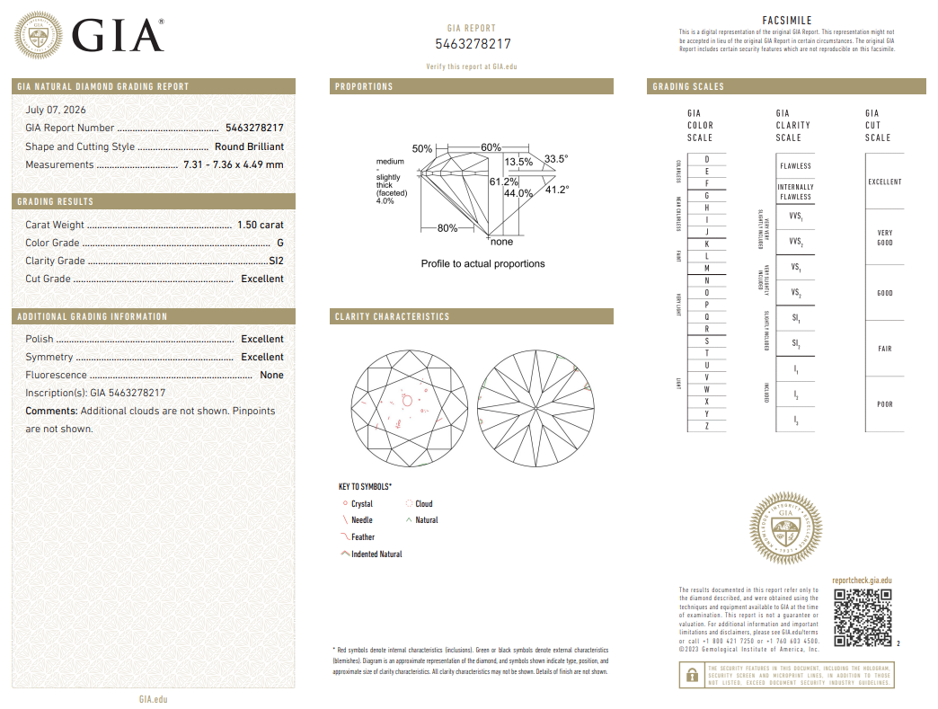 1.5 Carat Round Brilliant Diamond G-SI2 Natural GIA Loose