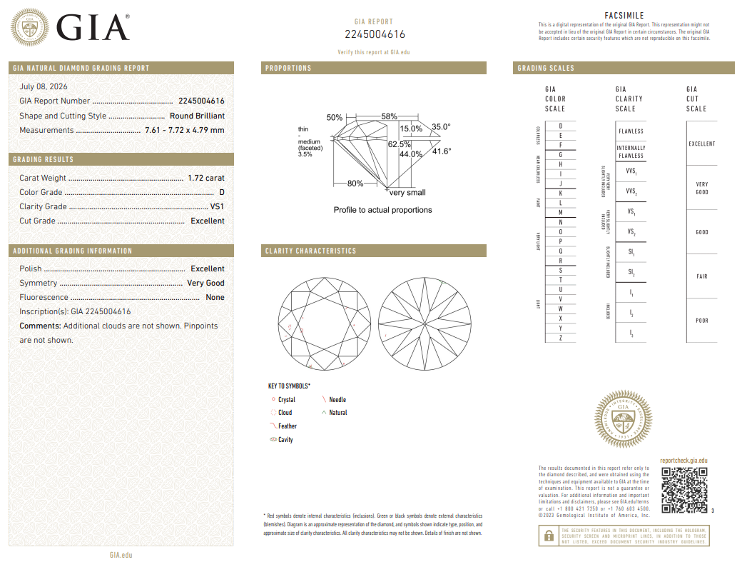 1.72 Carat Round Brilliant Diamond D-VS1 Loose Natural GIA Certified