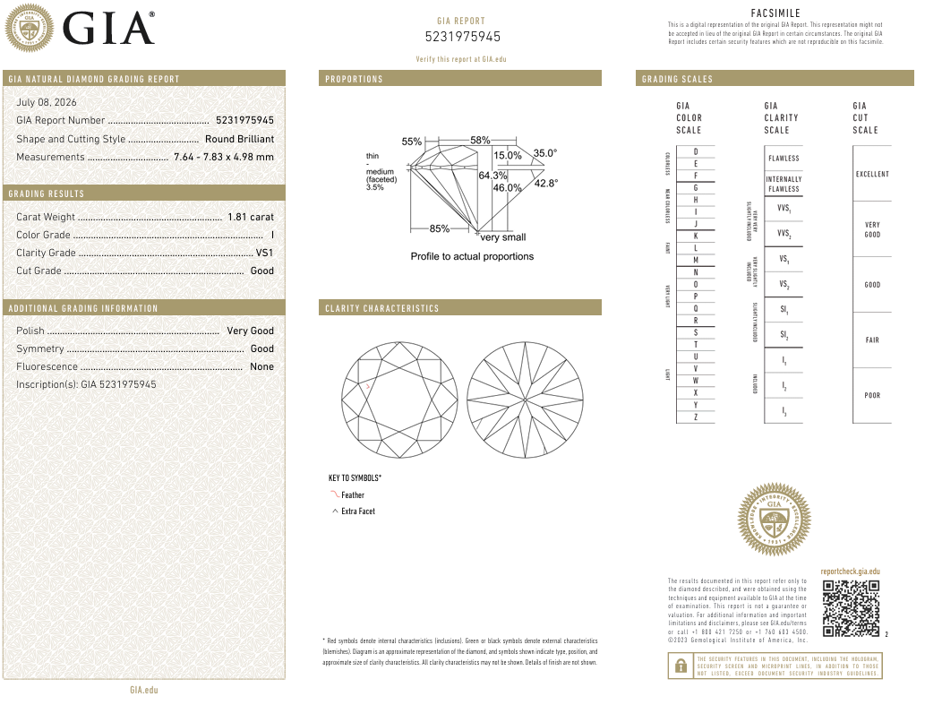 Natural 1.81 Ct Round Brilliant Diamond I-VS1 with GIA Certificate