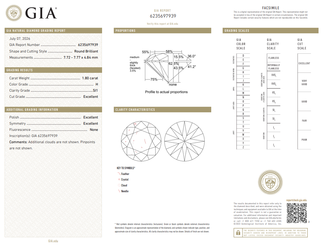 GIA Certified Natural Loose 1.8 Carat Round Brilliant Diamond H-SI1