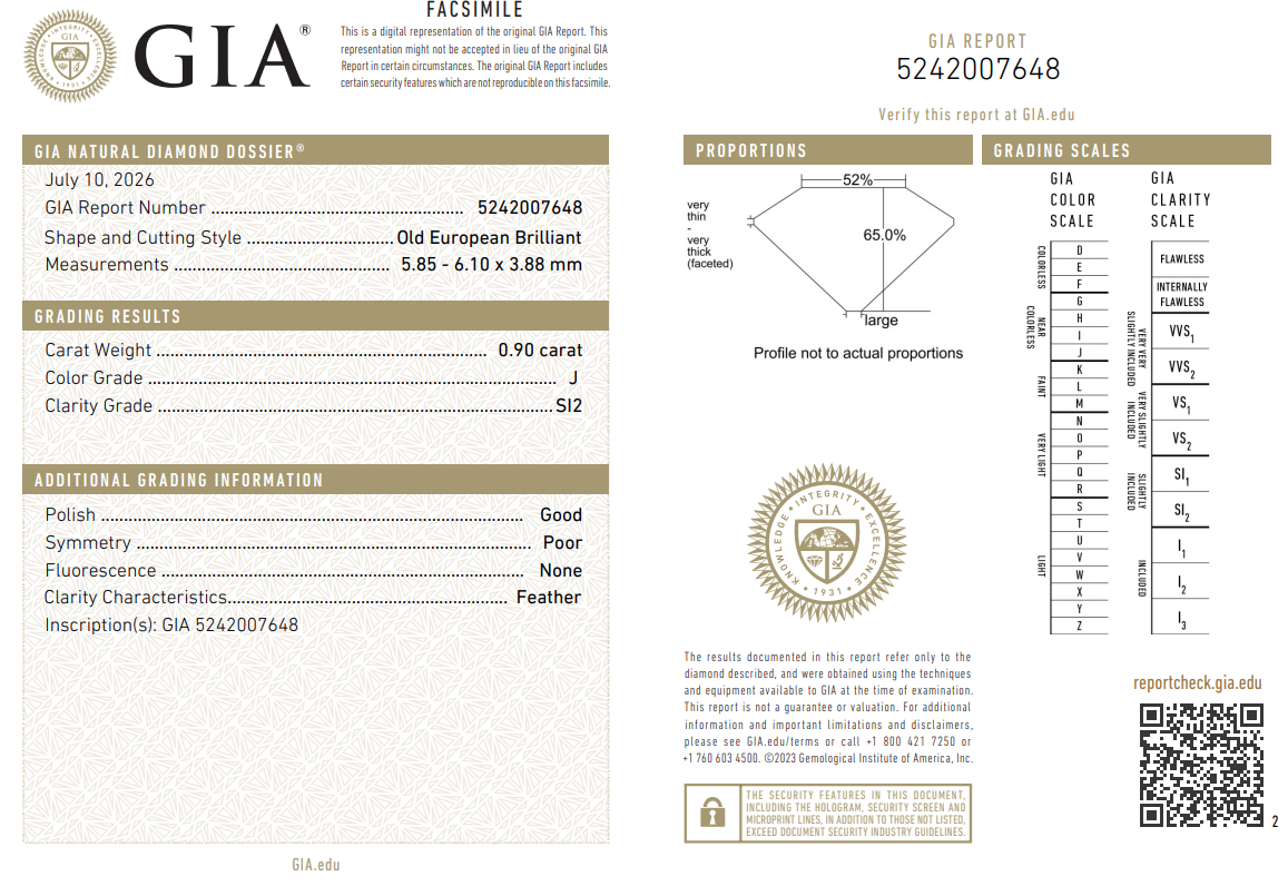 Natural 0.9 Ct Old European Cut Diamond J-SI2 with GIA Certificate
