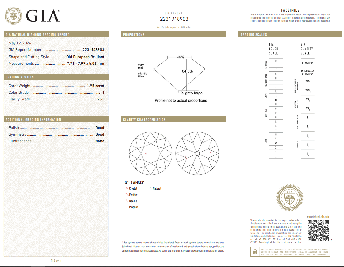 1.95 Carat Old European Cut Diamond I-VS1 Natural GIA Loose
