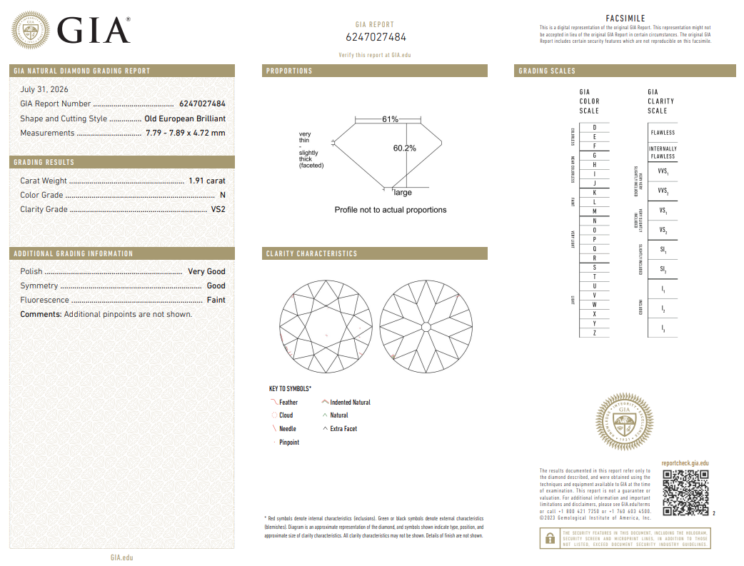 1.91 Carat Old European Cut Diamond N-VS2 Antique Collector Gem GIA Certified