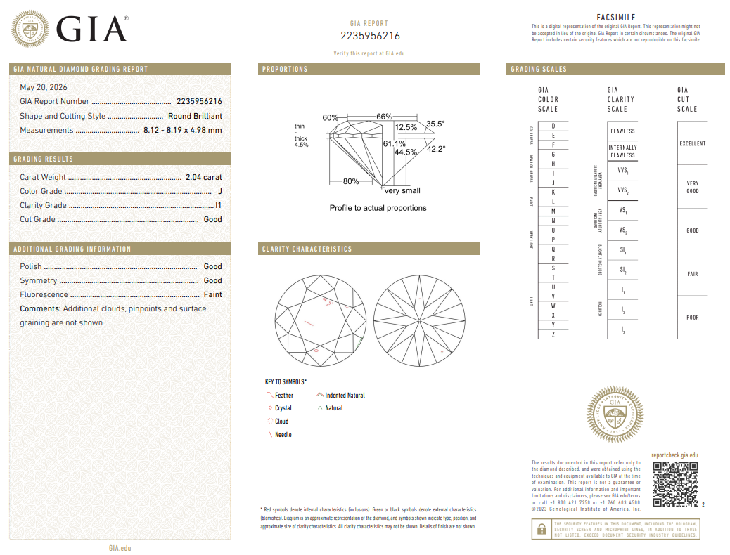 2.04 Carat Round Brilliant Diamond Natural J-I1 Loose GIA Certified