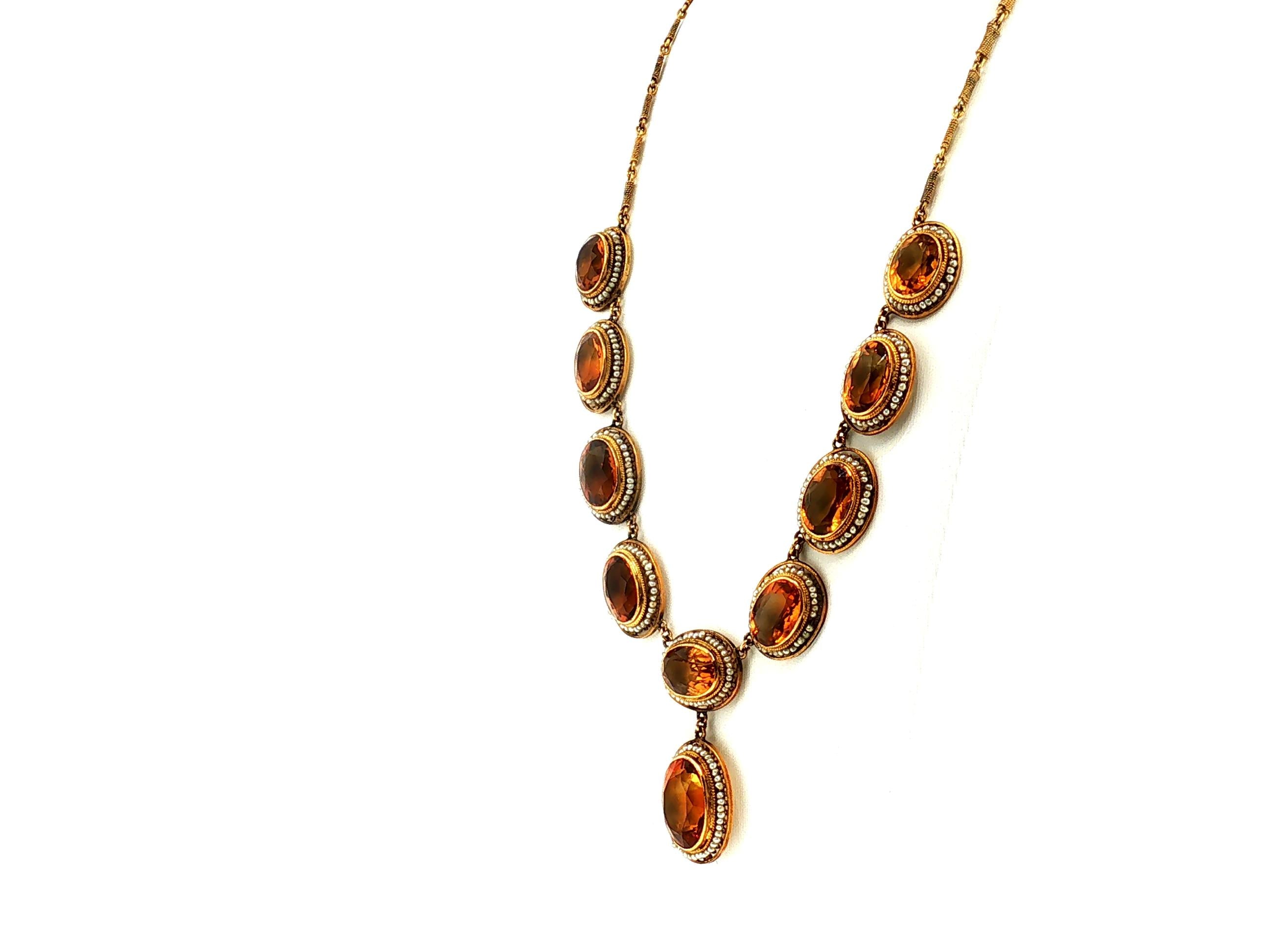 Antique 14K Gold Collar-Station Necklace with 18.08x13.64mm Citrine and Pearl