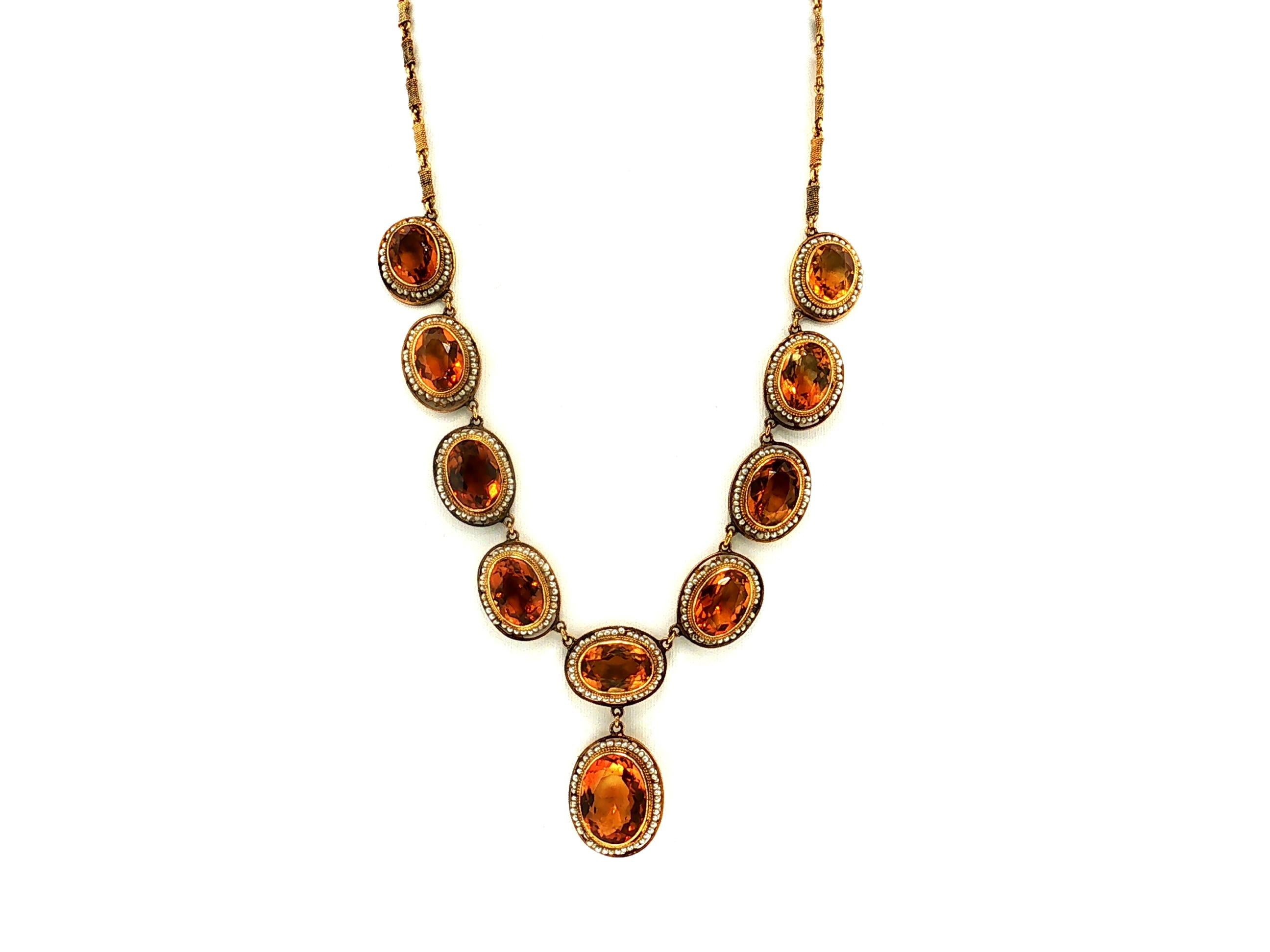 Antique 14K Gold Collar-Station Necklace with 18.08x13.64mm Citrine and Pearl