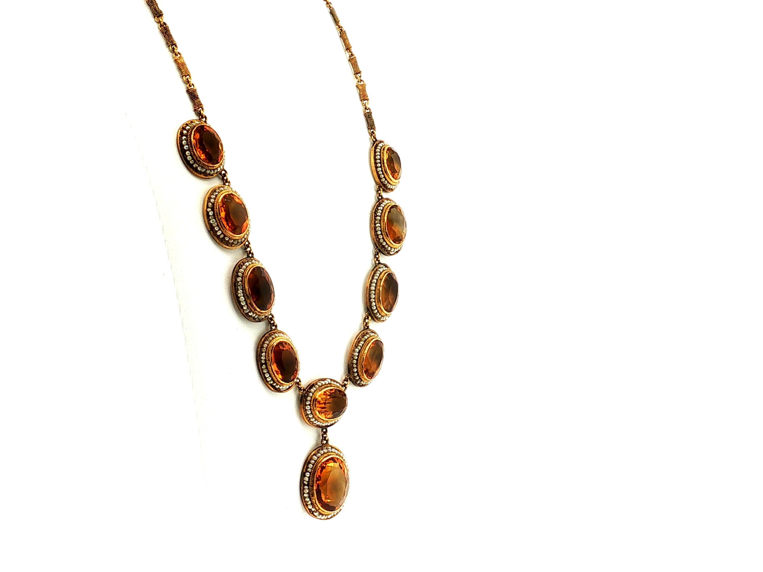 Antique 14K Gold Collar-Station Necklace with 18.08x13.64mm Citrine and Pearl