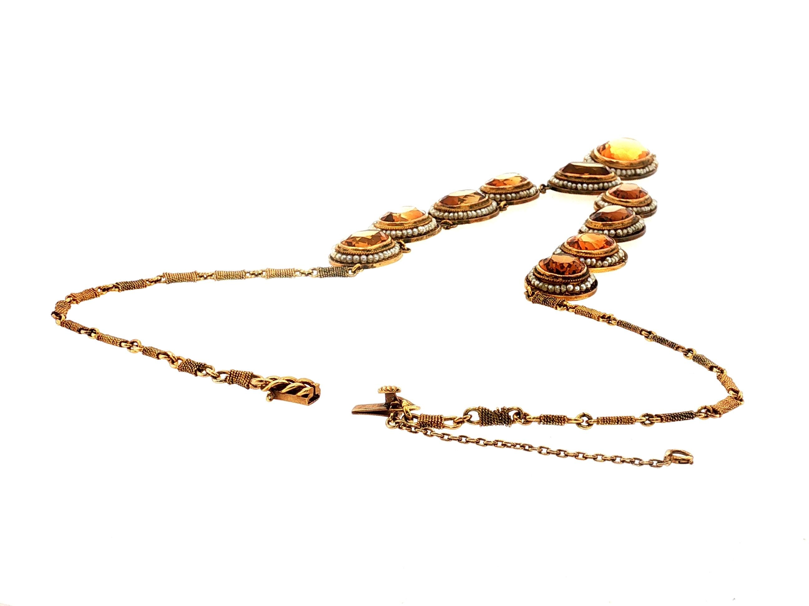 Antique 14K Gold Collar-Station Necklace with 18.08x13.64mm Citrine and Pearl