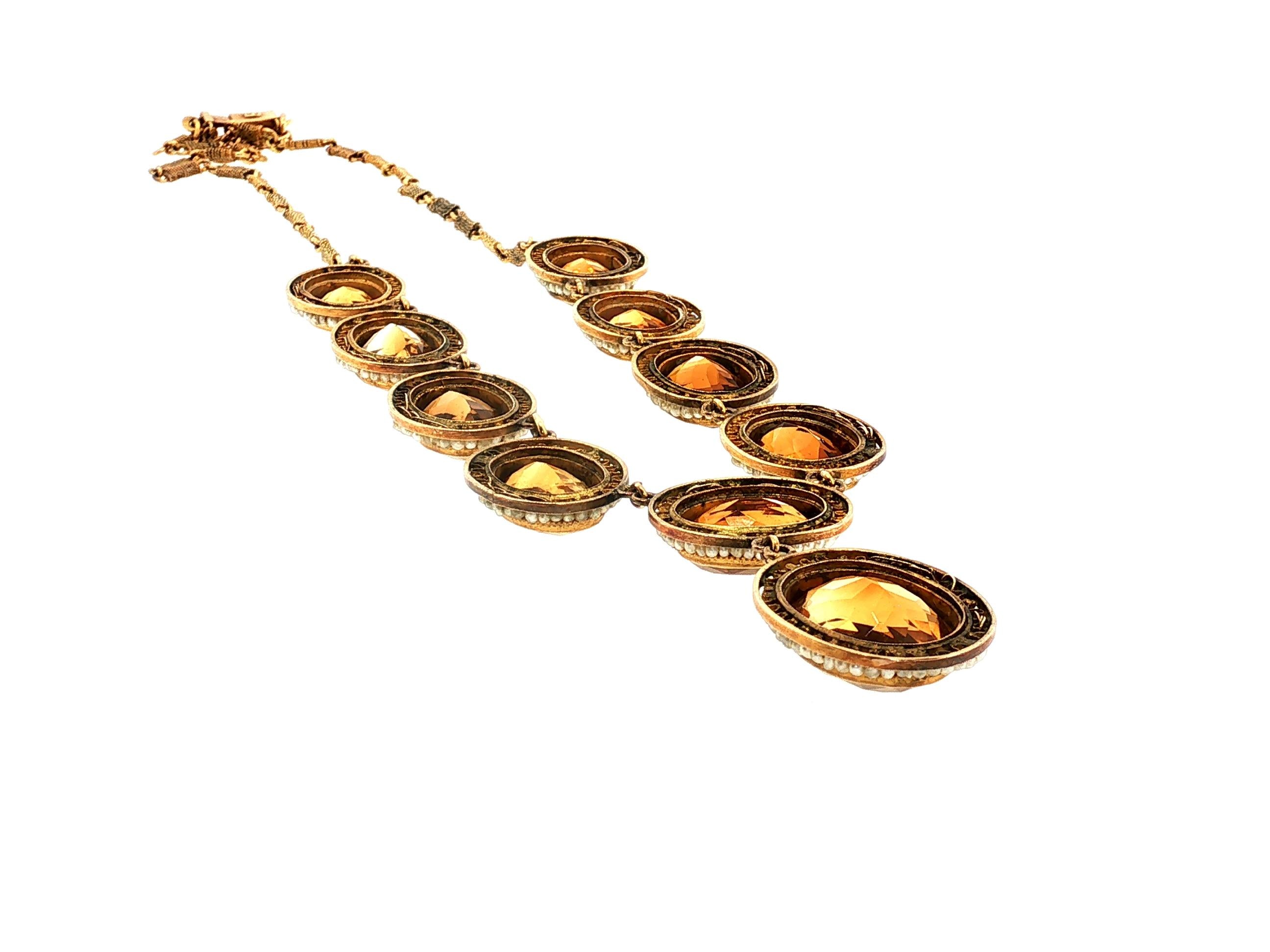 Antique 14K Gold Collar-Station Necklace with 18.08x13.64mm Citrine and Pearl