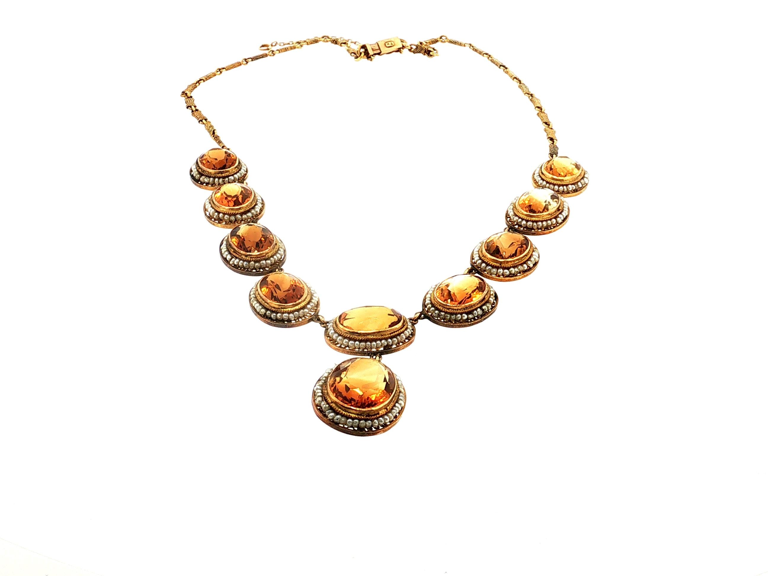 Antique 14K Gold Collar-Station Necklace with 18.08x13.64mm Citrine and Pearl