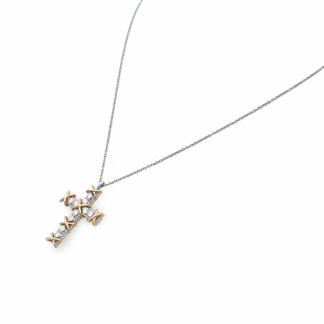 Tiffany & Co 18K Two Tone Gold Cross Pendant Necklace 0.35ct Round F VS Diamonds